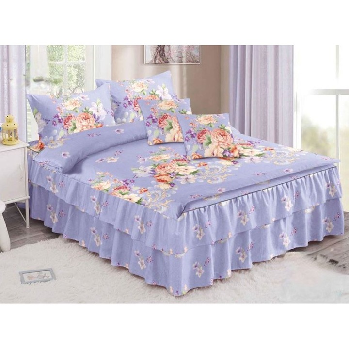 Lenjerie de pat dublu, cearsaf cu volanase, Primavara, Buchet Flori, 6 piese, 2 persoane, Finet, 200x230cm