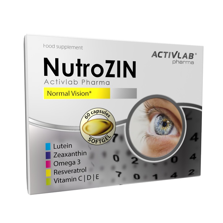 NutroZIN Activlab Pharma 60 capsule – complex cu Omega-3, EPA, DHA, luteina si zeaxantina, resveratrol, vitamine C, D, E, cupru, selen si zinc pentru sustinerea vederii sanatoase si protectia retinei