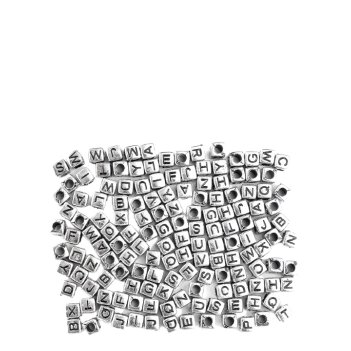 Margele metalice, Aliga, Cu litere, 6x6 mm, Argintiu