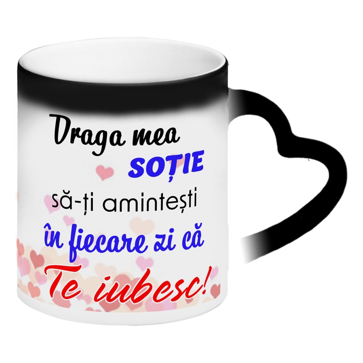 Cana termosensibila negru cu toarta inima personalizata Draga mea Sotie, Ceramica, 330 ml, Pop RaduDaniel II