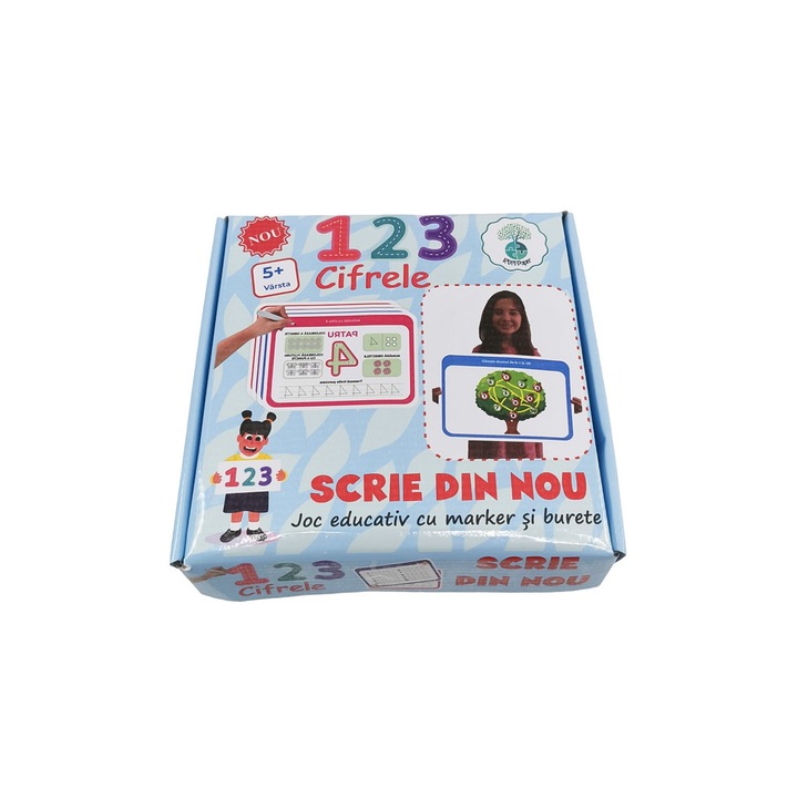 Joc de excercitii,, Scrie din nou", model cu cifre, 18 tablite cu 2 fete, marker lavabil si burete de sters, 16x11 cm, Doty®️