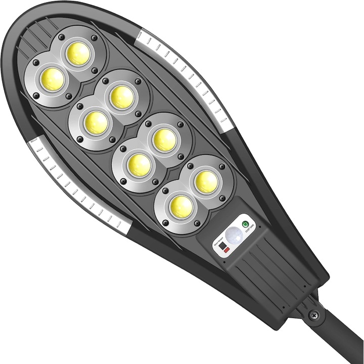 Соларна улична лампа с дистанционно управление, 156 LED 6 COB, със сензори за здрачаване, движение и светлина, водоустойчивост IP65, 3 режима на работа, включена монтажна стойка, черно