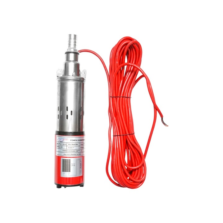 Потопяема водна помпа 24v, 8A, 250W, дебит 1.5m3/h за фотоволтаични соларни панели, червен цвят