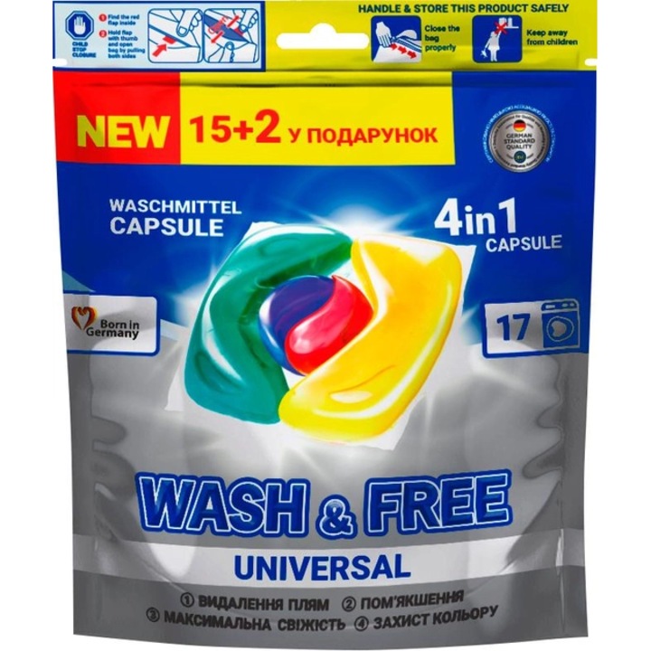 Detergent de rufe capsule Wash&Free Universal 4in1, 17 spalari