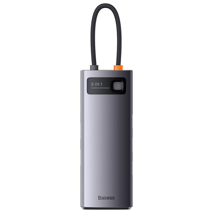 Адаптер Hub Baseus StarJoy, 8 в 1, USB тип C - HDMI/3xUSB3.0/RJ45/SD/TF/PD, 100 W, Сив/Черен