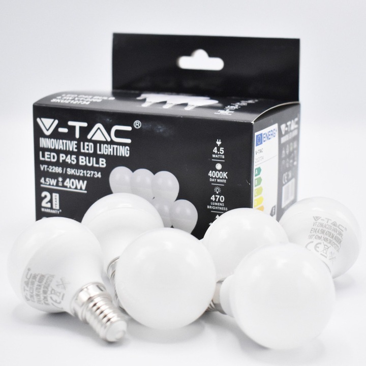 Комплект от 6 сферични LED крушки 4.5W (40W), E14, P45, 470 lm, неутрална светлина (4000K), опал, V-TAC