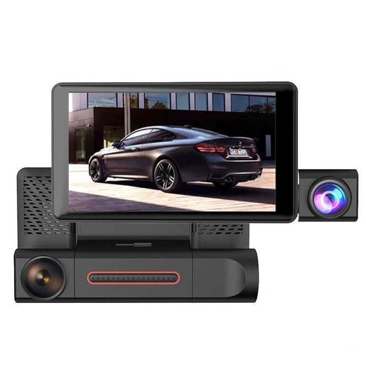 Camera auto tripla de bord Full HD 1920x1080P, 3 Lentile, Unghi inregistrare 170°, LCD Display 4", Camera marsarier, Night Vision, Inregistrare Dubla, Loop Recording, G-sensor, Detectare Miscare, Negru + Card Memorie 32GB