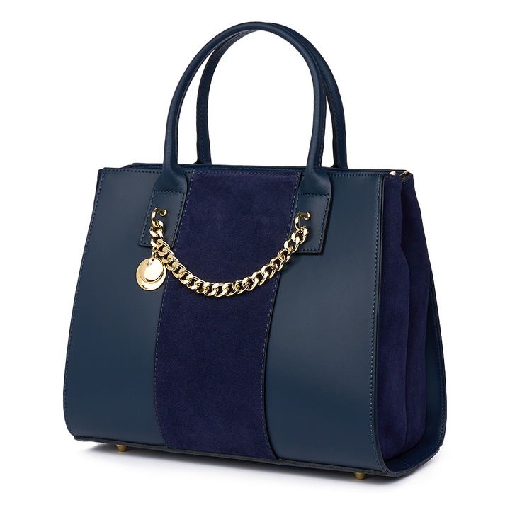 Чанта от естествена кожа с две отделения Narcisa тъмносиня