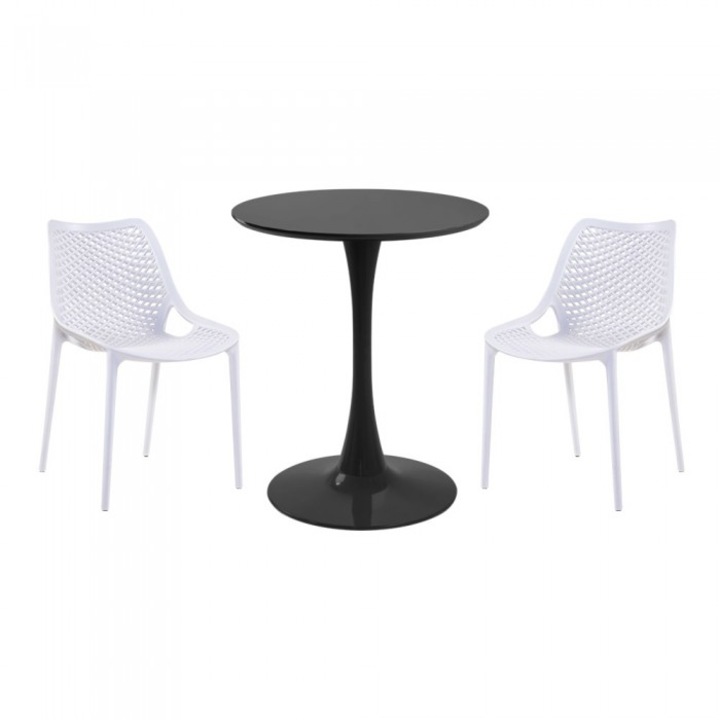 Set mobila bucatarie RAKI, masa rotunda neagra D60xh76cm Nikko si 2 scaune polipropilena London Air albe
