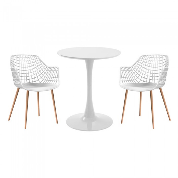 Set mobila bucatarie RAKI, masa rotunda alba D60xh76cm Nikko si 2 scaune polipropilena/picioare metalice Toyama albe