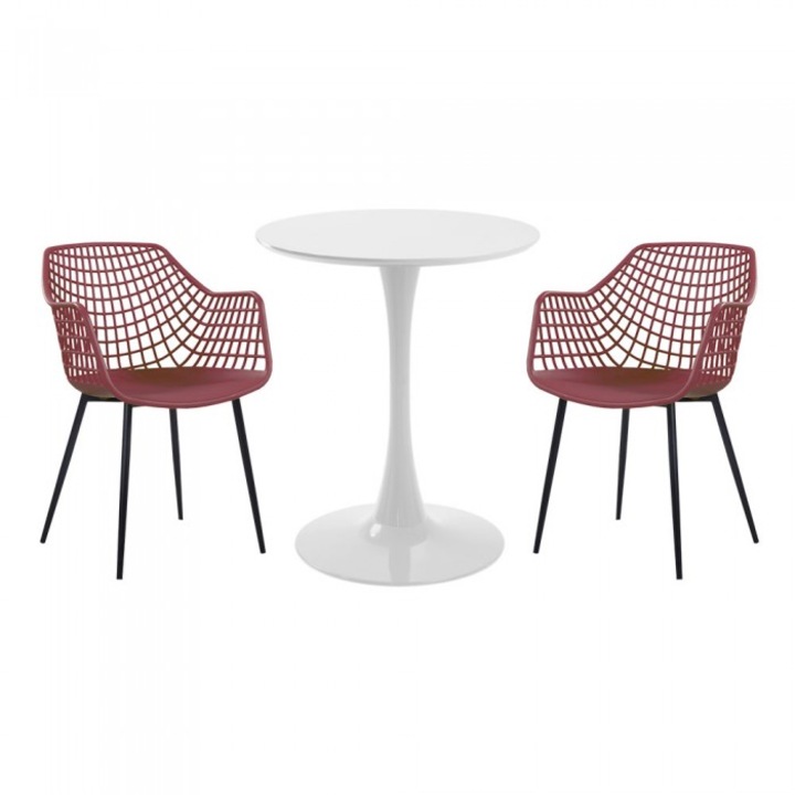 Set mobila bucatarie RAKI, masa rotunda alba D60xh76cm Nikko si 2 scaune polipropilena/picioare metalice Toyama mov/negru