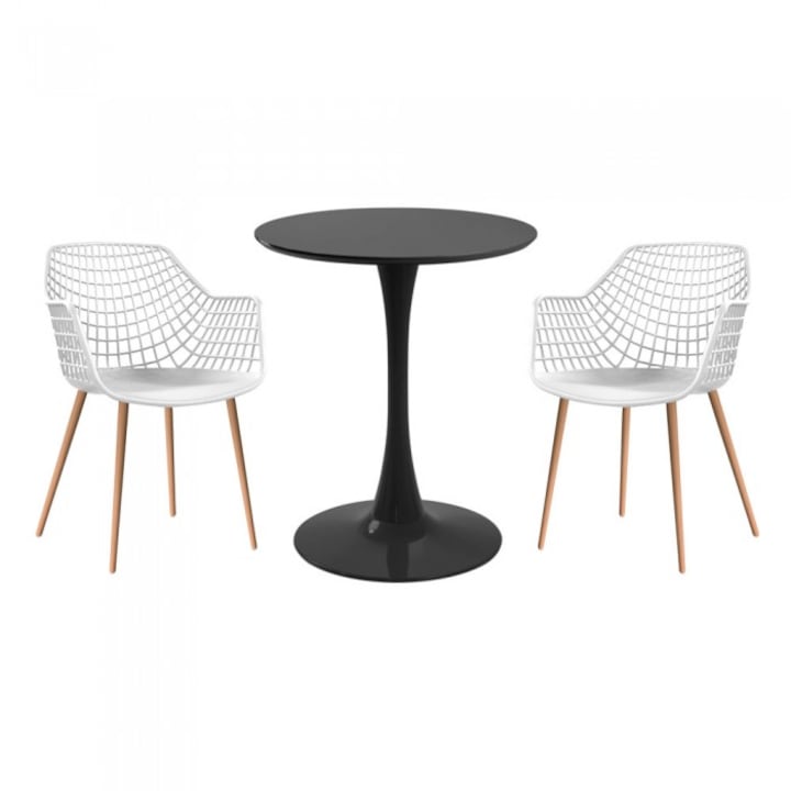 Set mobila bucatarie RAKI, masa rotunda neagra D60xh76cm Nikko si 2 scaune polipropilena/picioare metalice Toyama albe
