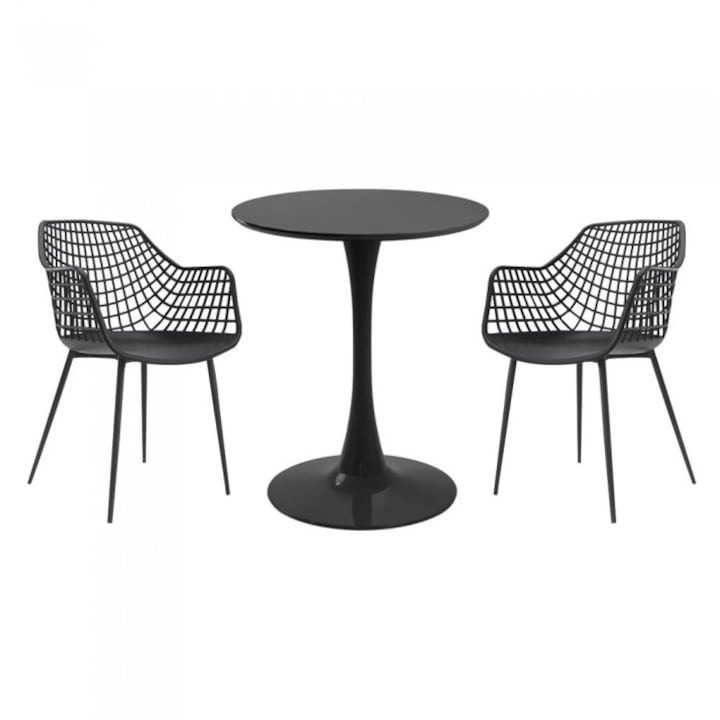 Set mobila bucatarie RAKI, masa rotunda neagra D60xh76cm Nikko si 2 scaune polipropilena/picioare metalice Toyama negre