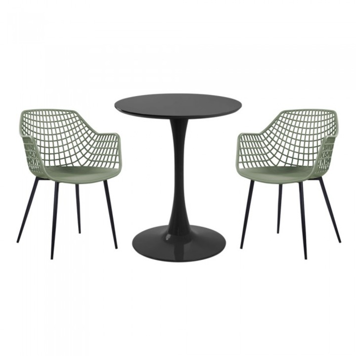 Set mobila bucatarie RAKI, masa rotunda neagra D60xh76cm Nikko si 2 scaune polipropilena/picioare metalice Toyama verde/negru
