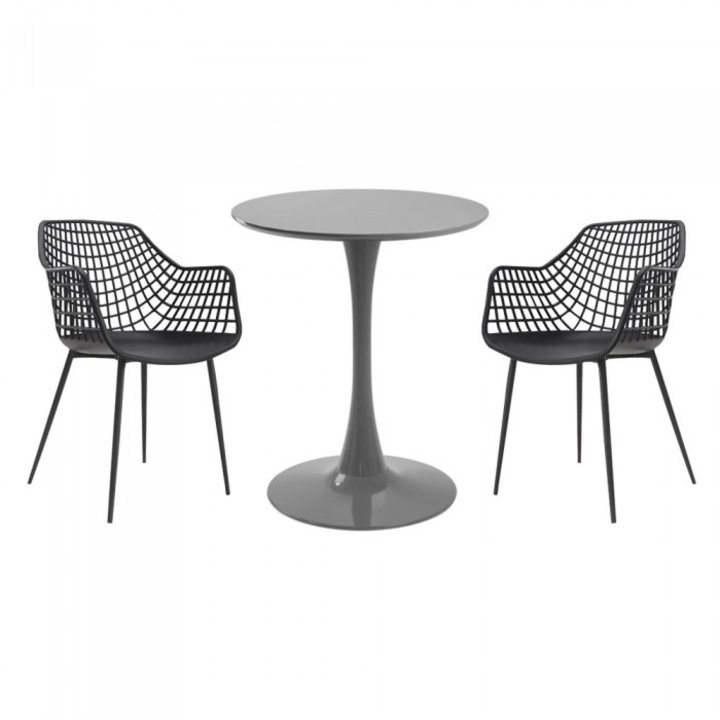 Set mobila bucatarie RAKI, masa rotunda gri D60xh76cm Nikko si 2 scaune polipropilena/picioare metalice Toyama negre