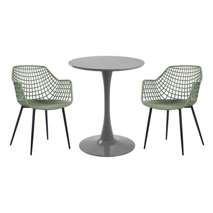 Set mobila bucatarie RAKI, masa rotunda gri D60xh76cm Nikko si 2 scaune polipropilena/picioare metalice Toyama verde/negru