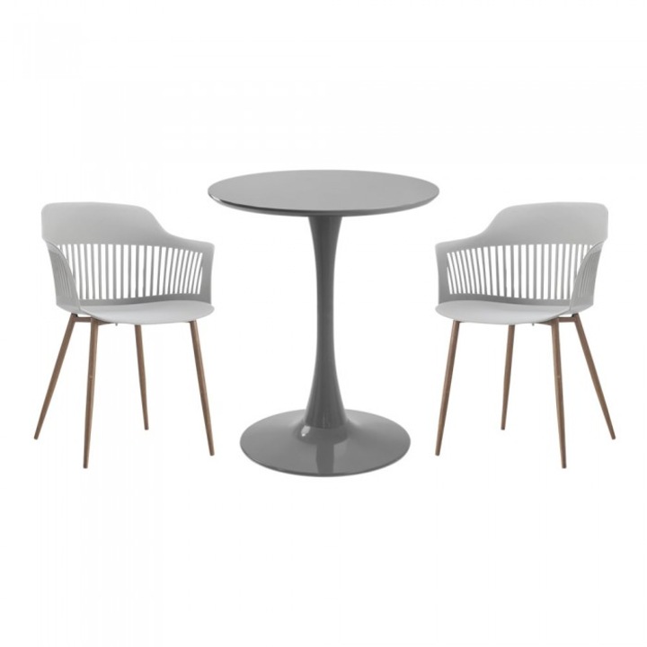 Set mobila bucatarie RAKI, masa rotunda gri D60xh76cm Nikko si 2 scaune polipropilena/picioare metalice Florida 53x59xh81cm albe