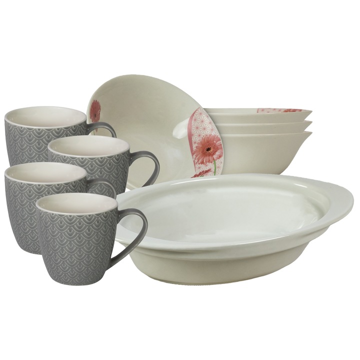 Set de masa, 4 persoane, 9 piese, cana 200 ml, bol, tava termorezistenta, Portelan decorat cu Margareta