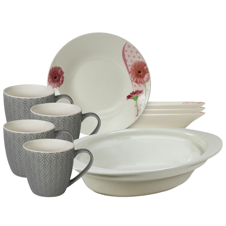 Set de masa, 4 persoane, 9 piese, cana 200 ml, farfurie adanca, tava termorezistenta, Portelan decorat cu Margareta