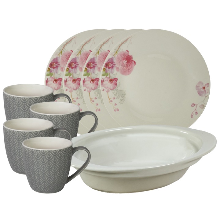 Set de masa, 4 persoane, 9 piese, cana 200 ml, farfurie intinsa, tava termorezistenta, Portelan decorat cu Orhidee