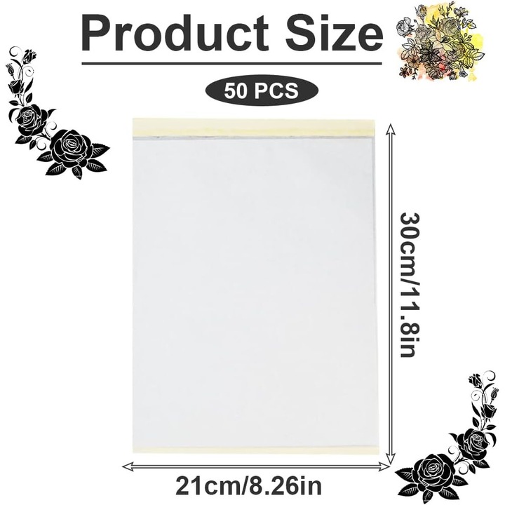 Set 50 hartii A4 de transfer pentru tatuaje, profesionale, din 4 straturi, pentru imprimanta si desenare manuala, 30 x 20.7 cm