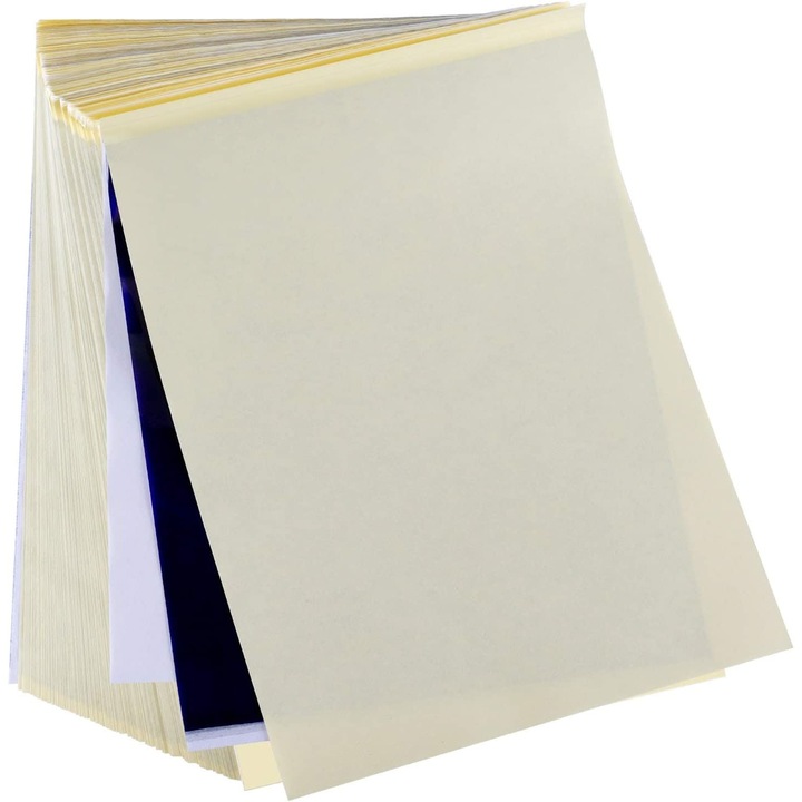 Set 100 hartii de transfer pentru tatuaje, A4, profesionale, din 4 straturi, pentru imprimanta termica sau desen de mana