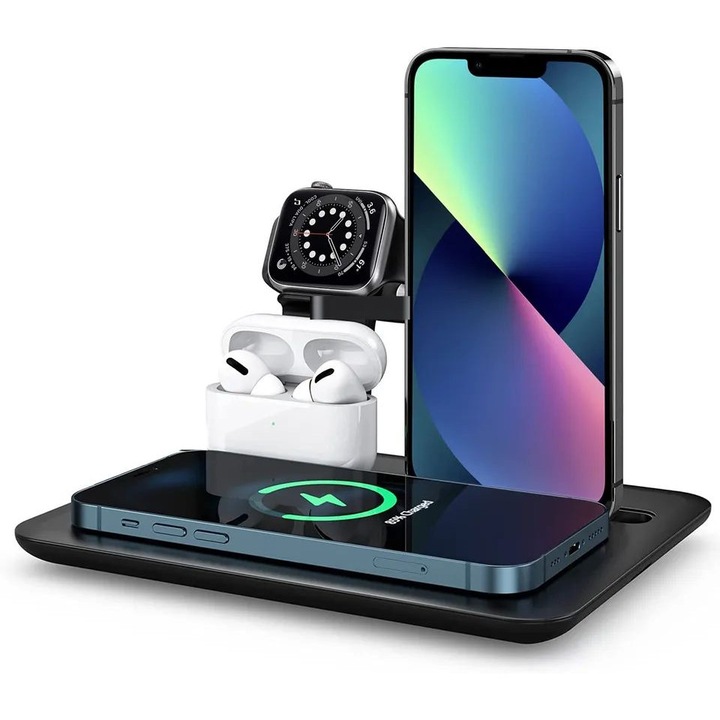 4 az 1-ben töltőállomás, univerzális gyorstöltő, lehetővé teszi 2 telefon egyidejű töltését, gyakorlatilag 3 különböző csatlakozóval, Lightning/USB Type C/Micro USB kompatibilis, csatlakozó pozíciójának beállítása, okosóra és fejhallgató töltése