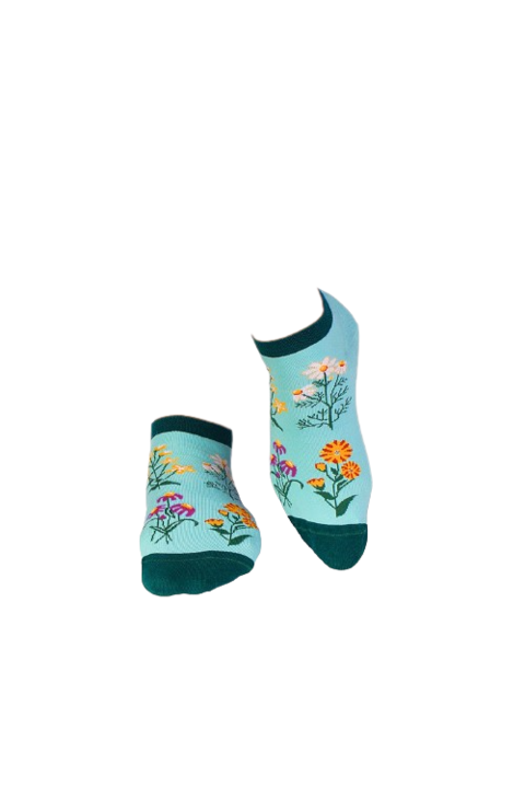 Къси памучни чорапи, флорален десен, мента