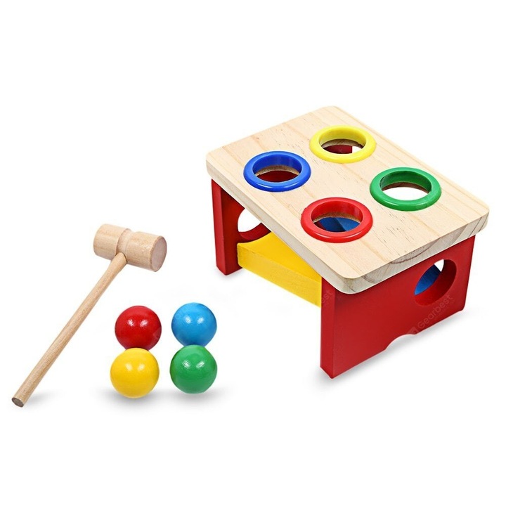 Banc Montessori din lemn cu ciocanel si 4 bile colorate, E-Toy®