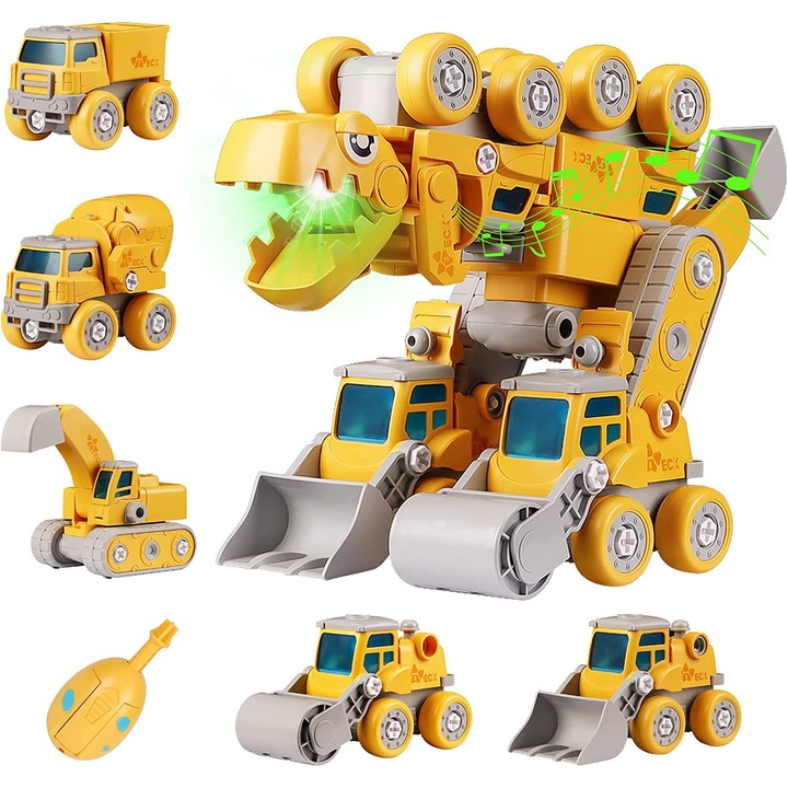 Set de Constructie Robot Dinozaur de Jucarie 5 in 1 Pitikot®, STEM, cu sunete si lumini, Vehicule de Constructii, Masini Demontabile si Asamblabile cu Surubelnita, Pentru Copiii 6 ani
