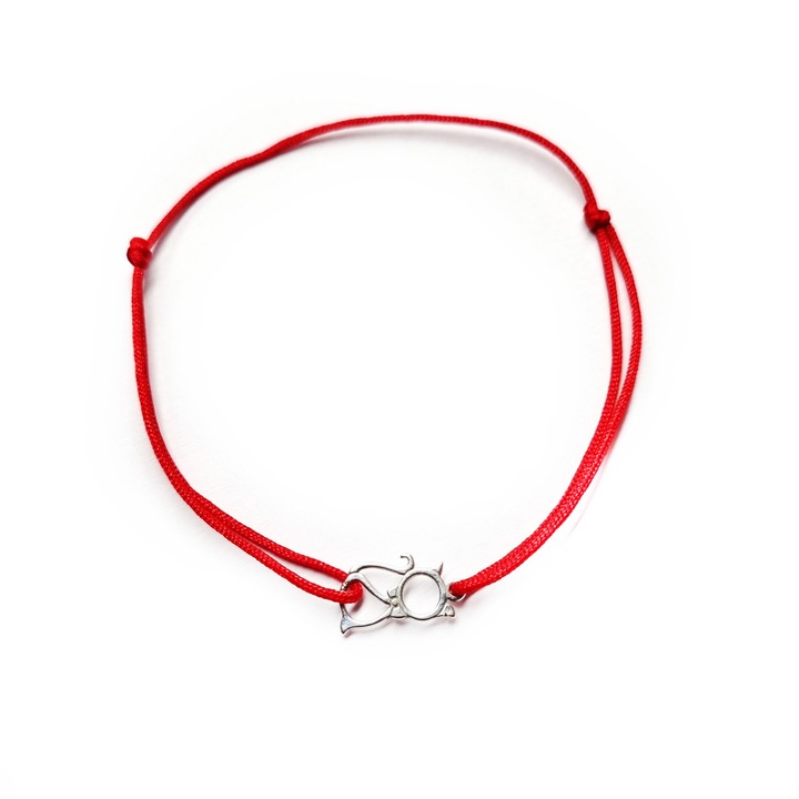 Bratara reglabila din Argint 925 cu charm Pisicuta si snur rosu de matase