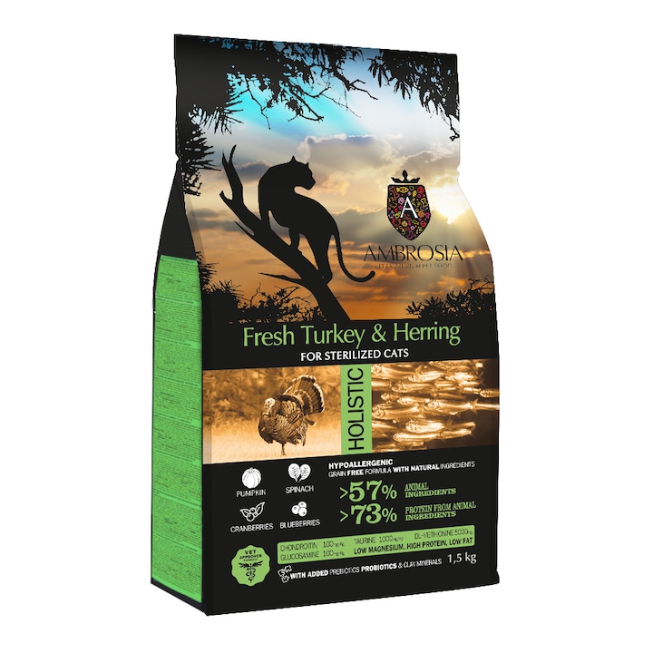 Sterilizált macskaeledel, Ambrosia, Pulyka\Hering, 5 kg