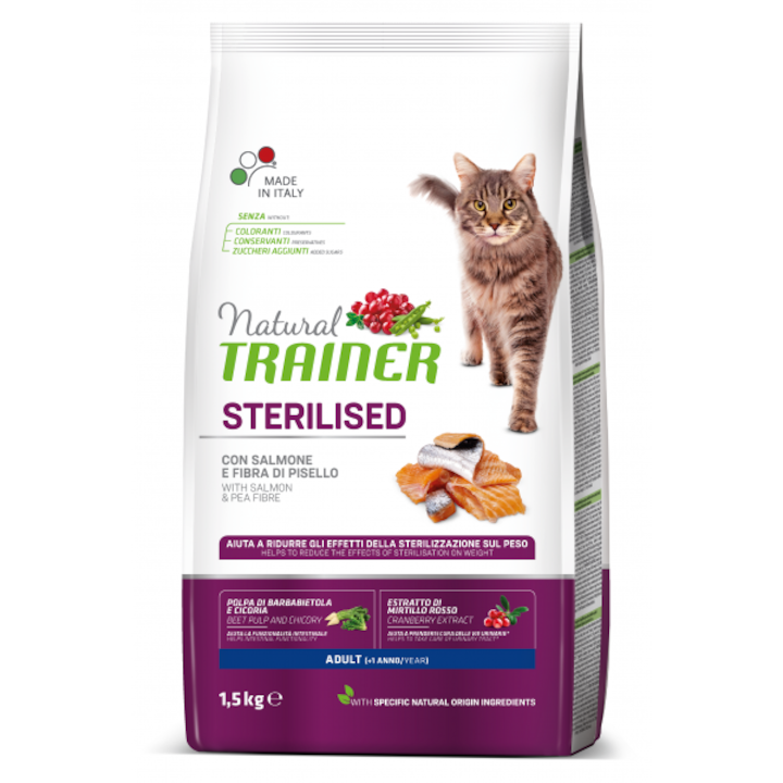 Суха храна за кастрирани котки Natural Trainer, Сьомга, 10 кг