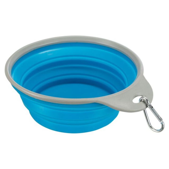 Castron calatorie, Trixie, Silicon/Metal, 0.5 L, 14 cm, Albastru/Gri