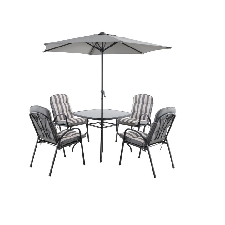 Set mobilier gradina, gri, otel, 4 persoane, 6 piese, masa + 4 scaune + umbrela, perne incluse Colorado