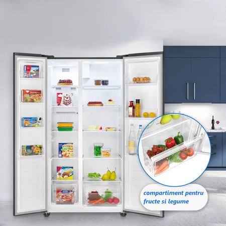 Frigider side by side, Bomann, SBS 7344, Total No Frost, 442 litri, H 177 cm, silentios, rafturi din sticla, display digital, sistem MultiAirflow si Holiday Mod, racire si congelare rapida, alarma usi deschise, inox