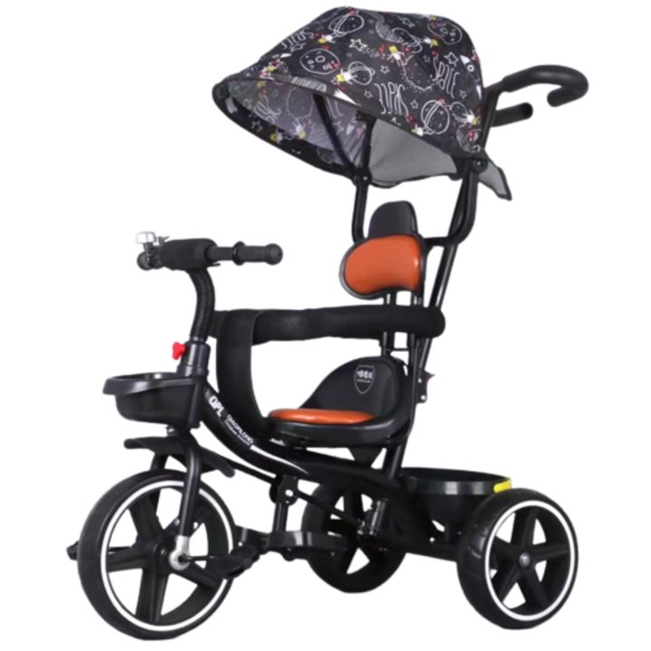 Tricicleta cu copertina retractabila pentru copii 2 - 6 ani, Neagra, Maner parental si protectie in jurul sezutului