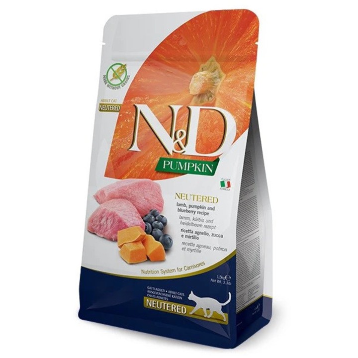 Hrana uscata pentru pisici castrate adulte, Farmina, N&D Pumpkin, cu miel, dovleac si afine, 1.5kg