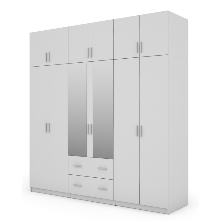 Dulap, Meblast, Premium lucrate manual, 230 cm x 230 cm x 57 cm, Sifonier, PAL 18 mm, HDF de 3 mm, PVC 0.8 mm, Numar de usi 10, Numar de sertare 2, Cu oglinda - 2 buc, Alb