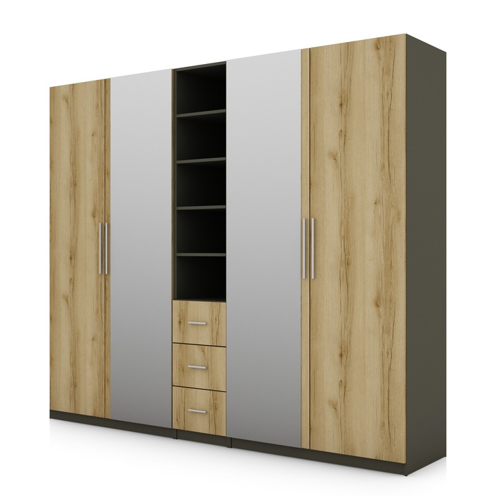 Dulap, Meblast, Premium lucrate manual, 260 cm x 220 cm x 55 cm, Sifonier, PAL 18 mm, HDF de 3 mm, PVC 0.8 mm, Cu oglinda - 2 buc, Gri grafit/Stejar natural Grand