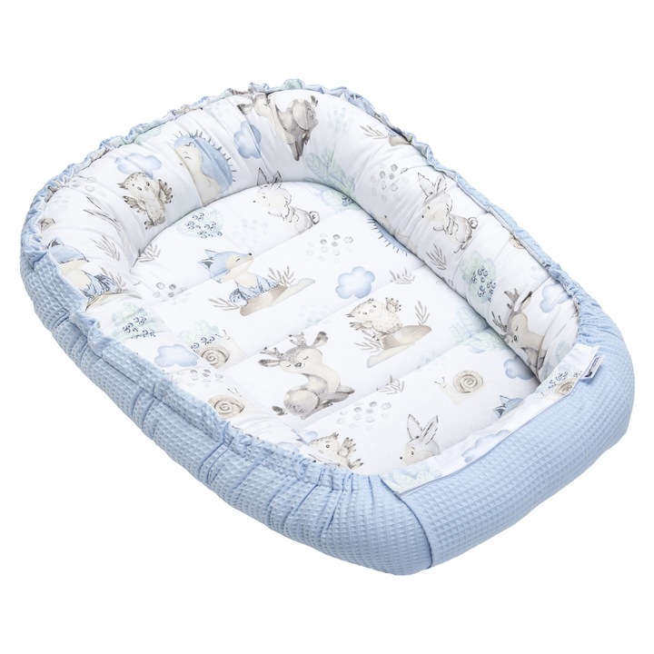 Cosulet bebe, Medi Partners, Model de caprioare si arici, bumbac/vafe, 100x60x15cm, Albastru/Alb