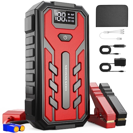 Starter auto, portabil, MOSMAOO®, 4 moduri de lumina LED, Oprire automata, Protectie multipla, Reglarea tensiunii, Cablu USB, 28000 mAh, 12 V, Negru/Rosu