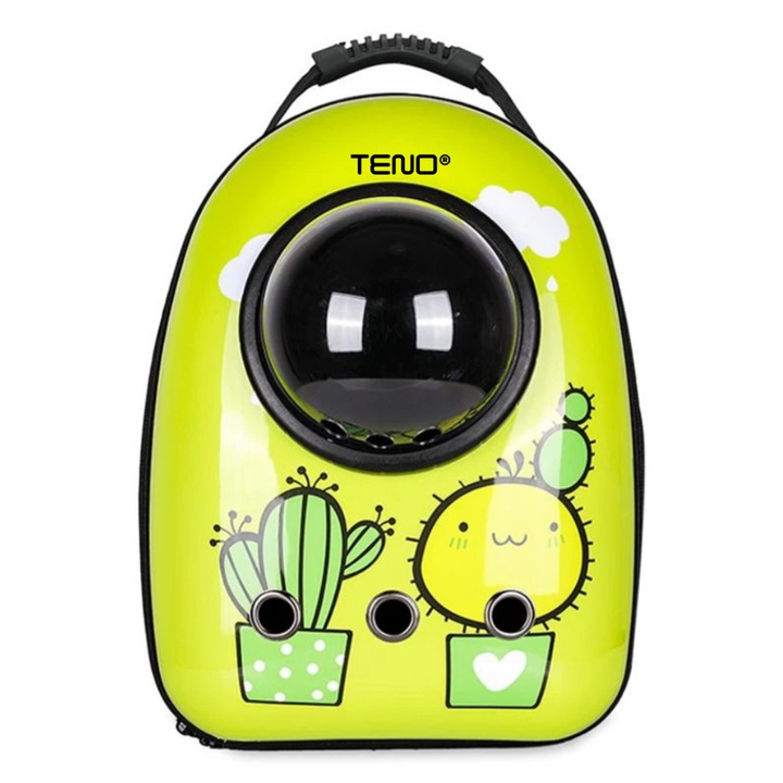 Rucsac Transport Animale Teno®, greutate Max 7kg, hublou transparent, buzunar lateral, accesorii incluse, pentru talie mica, model Cactus, verde