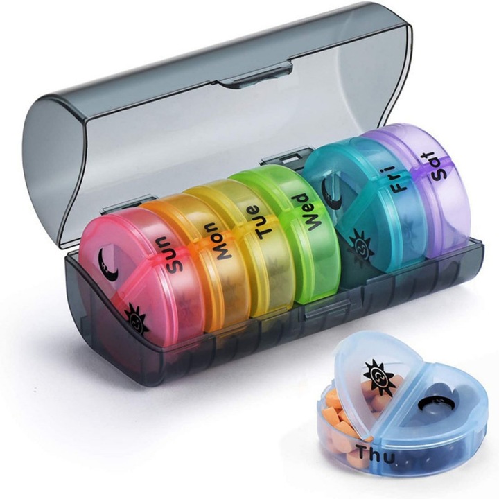 Organizator pastile 7 zile, cutie pentru medicamente, design colorat zilnic, material fara BPA, ideal pentru acasa si calatorii