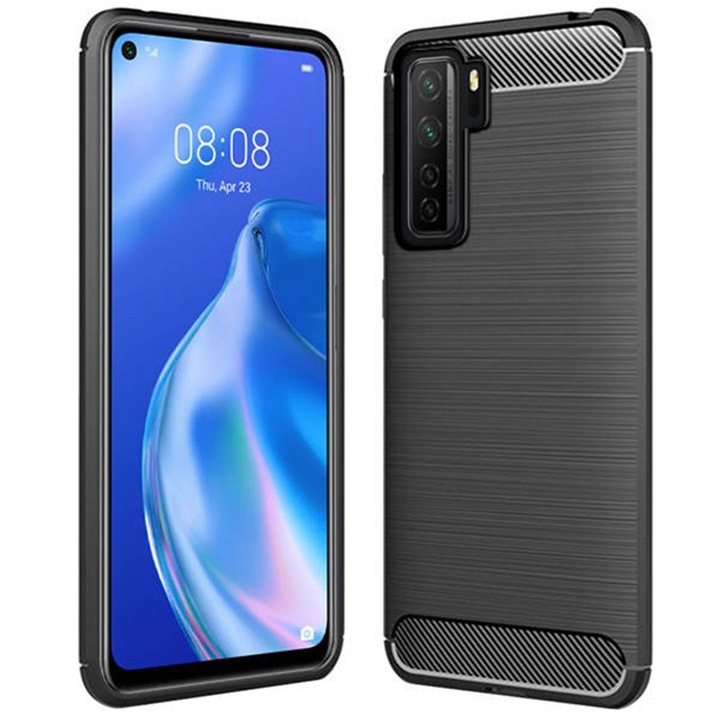 Калъф Supreme Carbon, съвместим с Huawei P40 Lite 5G, Прецизна защита, Набразден дизайн, Подсилени ръбове, Защита от пръстови отпечатъци, Черен