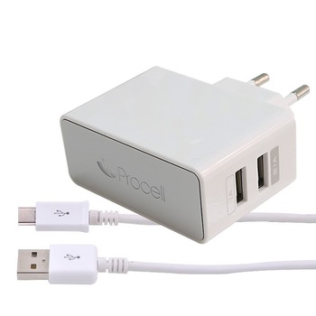 Incarcator Retea Procell 2.1A Dual USB - Type-C, Alb Incarcator Retea Procell 2.1A Dual USB - Type-C, Alb