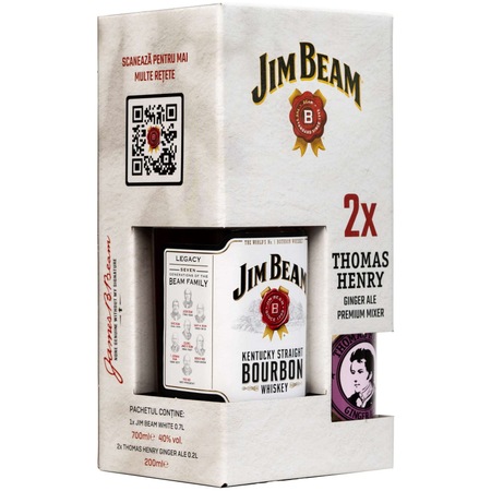 Whiskey Jim Beam, 40% 0.7l + 2 x Bautura Carbogazoasa Thomas Henry, Ginger Ale, 0.2l