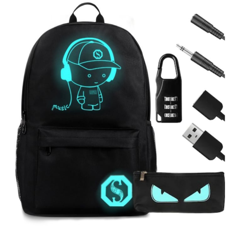 Ученическа чанта, NEVERMORE, USB удължител за зареждане, жак за слушалки, кодова ключалка, калъф за молив, флуоресцентен печат, 45x30x16 см, черен