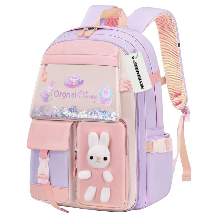 Ghiozdan scoala, NEVERMORE, model iepuras, impermeabil, 43 x 30 x 14 cm, Mov