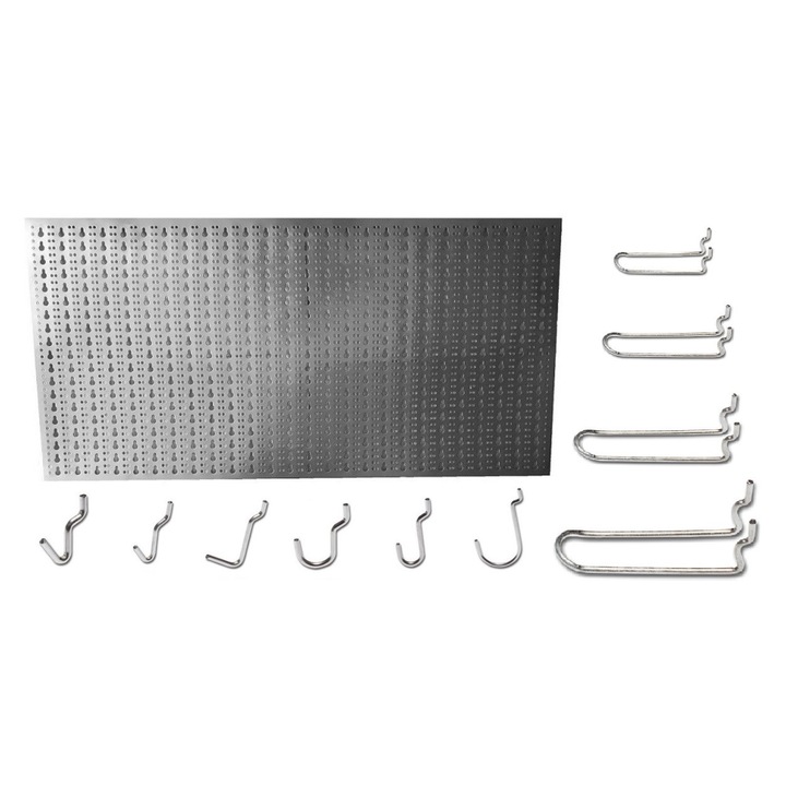 Panou perforat orizontal din INOX, 1000x500mm cu set 60 carlige metalice